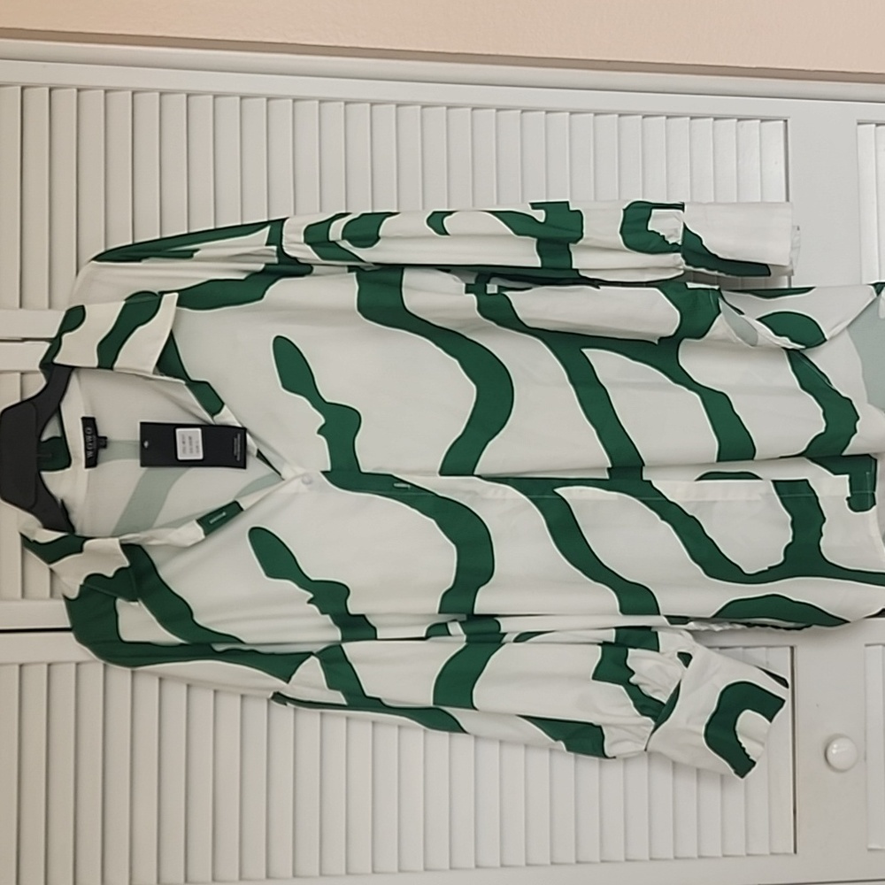 Wowo Fashion Green White Balloon Sleeve Blouse